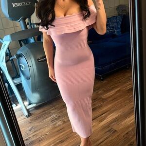 Housecb light pink bandage off shoulder midi dress